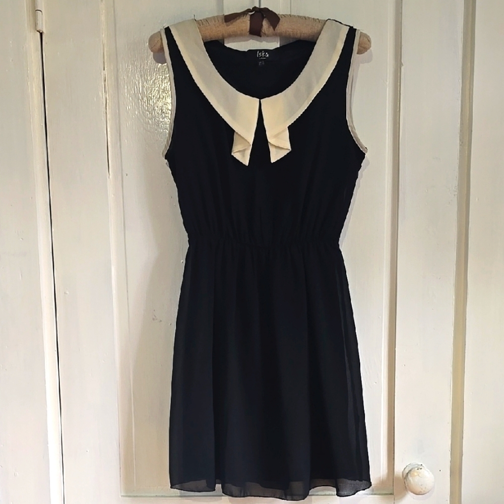 ISKA London Contrast Peter Pan Collar Sleevelss Chiffon Black Dress UK 12